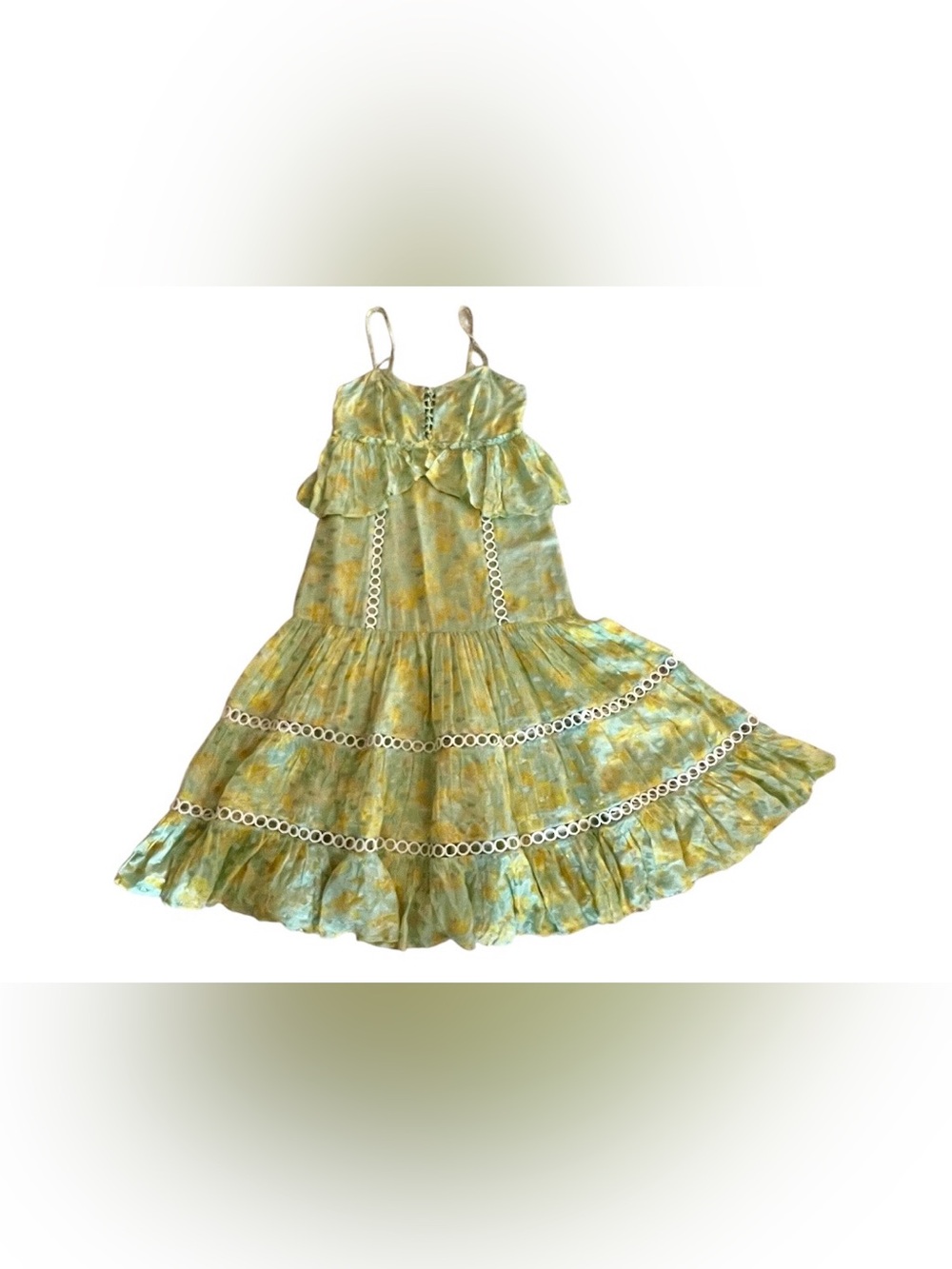 ⁠Guadalupe Design Floral Metallic Tiered Midi Dress Size S Eyelet Trim⁠